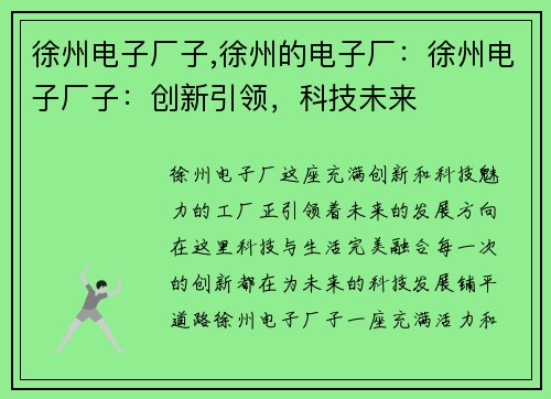 徐州电子厂子,徐州的电子厂：徐州电子厂子：创新引领，科技未来